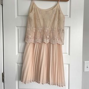 Short peach formal dress.